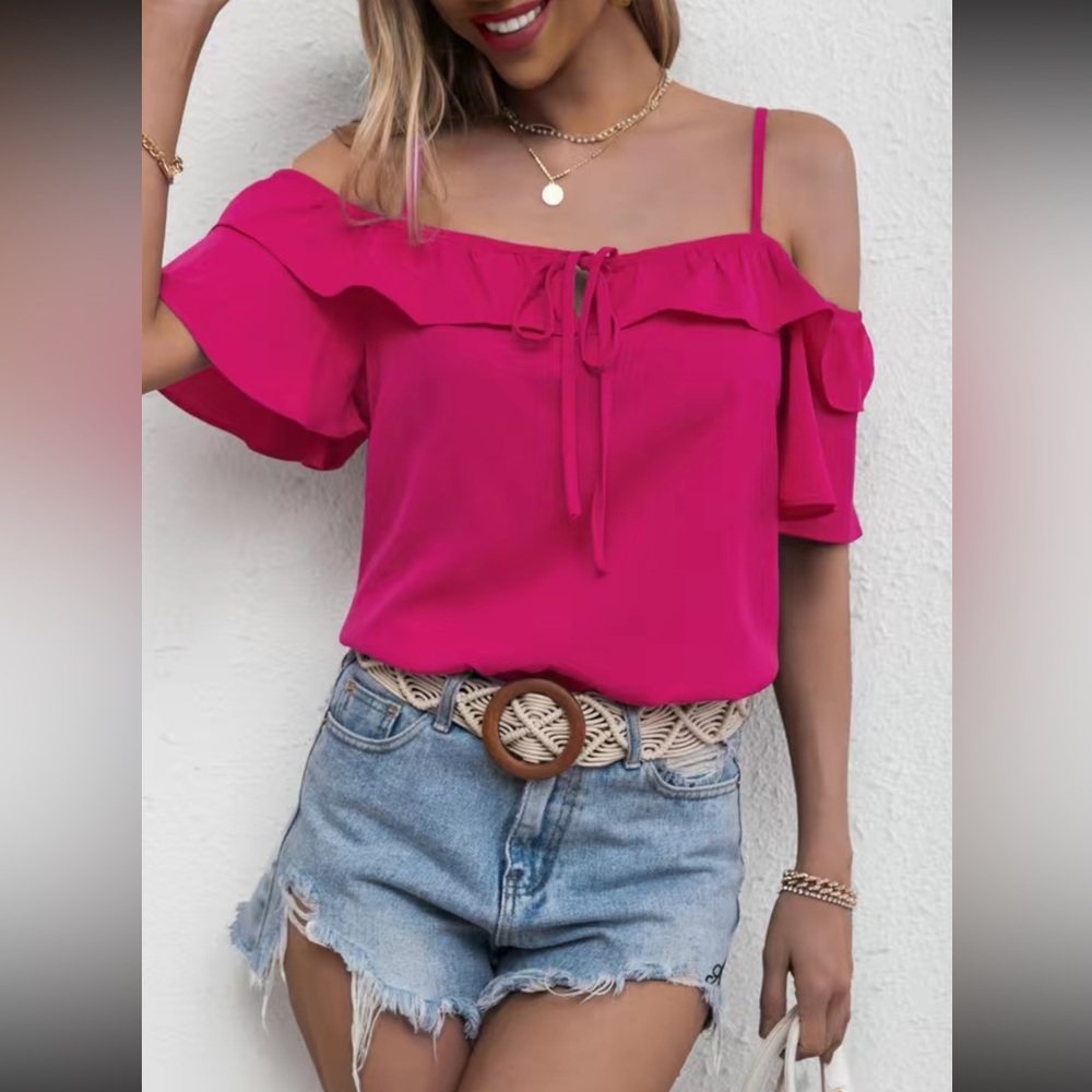 Boho ruffle trim cold shoulder blouse